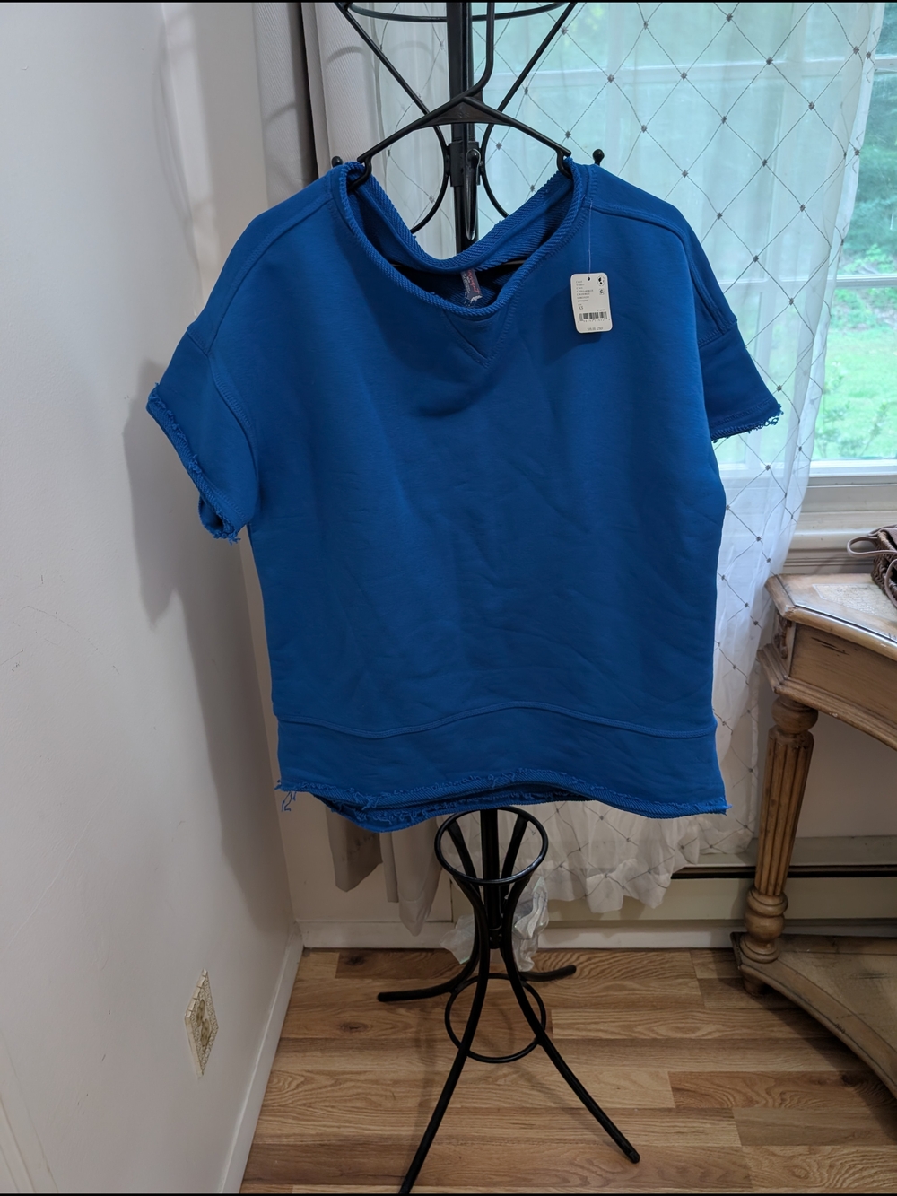 Free People Royal Blue Raw-Edge Short Sleeve Sweatshirt Size XS